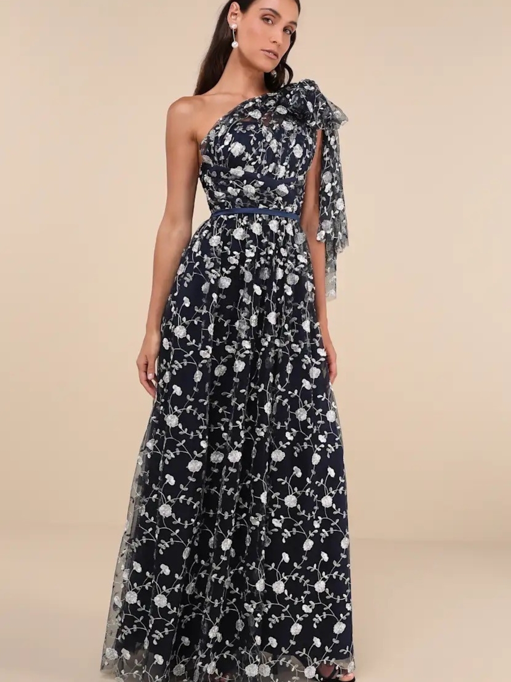 One-Shoulder Navy Floral Lace Evening Gown